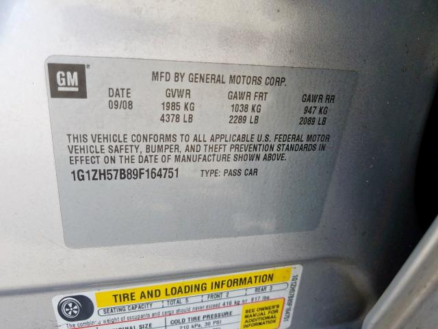 1G1ZH57B89F164751 - 2009 CHEVROLET MALIBU 1LT  照片 10