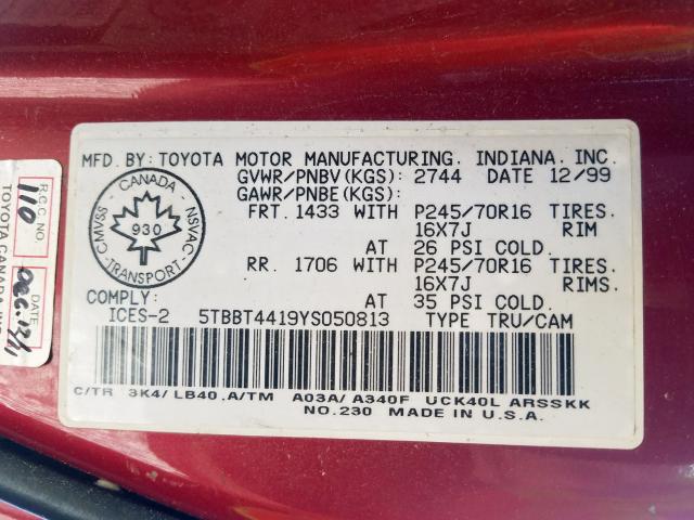 5TBBT4419YS050813 - 2000 TOYOTA TUNDRA ACCESS CAB  foto 10