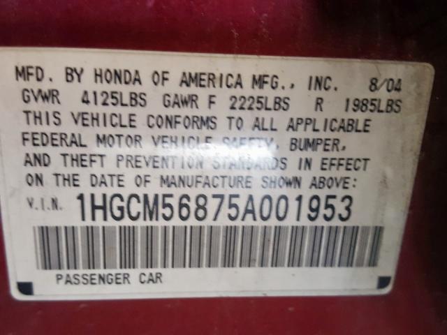 1HGCM56875A001953 - 2005 HONDA ACCORD EX  photo 10