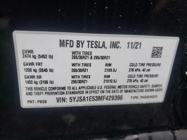 5YJSA1E53MF429396 - 2021 TESLA MODEL S Սև լուսանկար 12