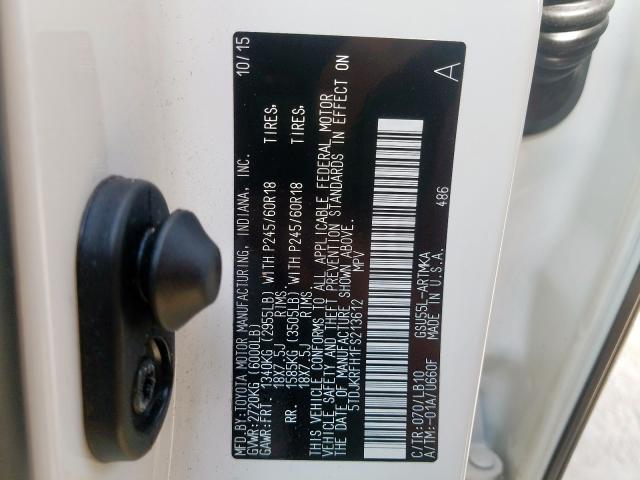 5TDJKRFH1FS213612 - 2015 TOYOTA HIGHLANDER XLE  ფოტო 10