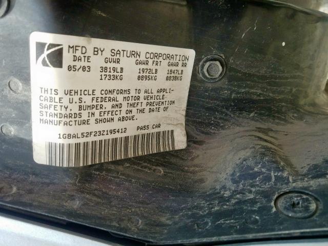 1G8AL52F23Z195412 - 2003 SATURN ION LEVEL 3  photo 10