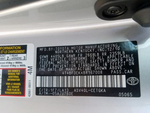 4T4BF3EK4BR167008 - 2011 TOYOTA CAMRY BASE  photo 10