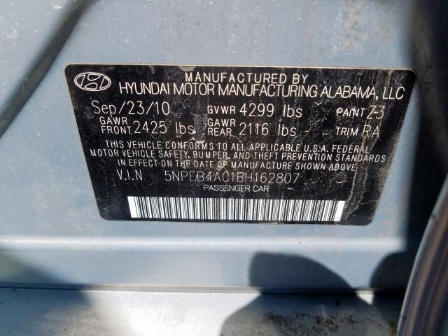 5NPEB4AC1BH162807 - 2011 HYUNDAI SONATA GLS  photo 10