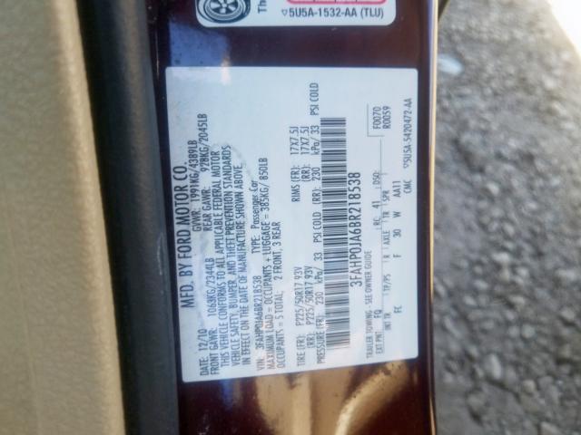 3FAHP0JA6BR218538 - 2011 FORD FUSION SEL  photo 10