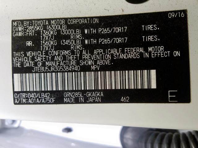 JTEBU5JR3G5384940 - 2016 TOYOTA 4RUNNER SR5/SR5 PREMIUM  照片 10