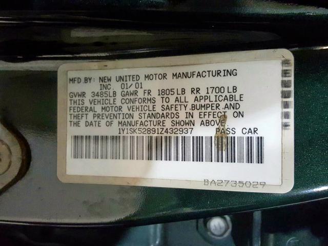 1Y1SK52891Z432937 - 2001 CHEVROLET GEO PRIZM BASE  photo 10