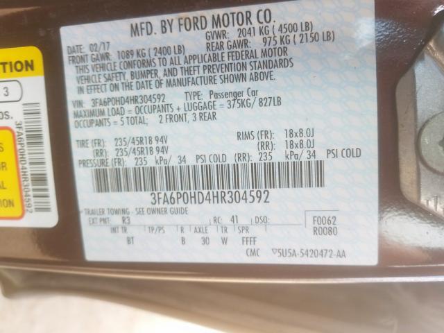 3FA6P0HD4HR304592 - 2017 FORD FUSION SE  photo 10