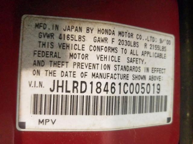 JHLRD18461C005019 - 2001 HONDA CR-V LX  photo 10