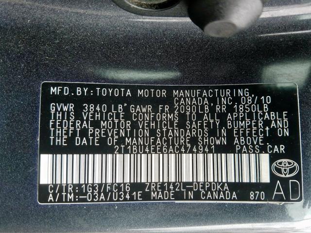 2T1BU4EE6AC474941 - 2010 TOYOTA COROLLA BASE  照片 10