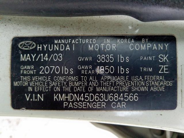 KMHDN45D63U684566 - 2003 HYUNDAI ELANTRA GLS  photo 10