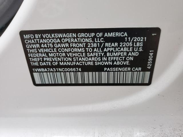 1VWBA7A31NC006674 - 2022 VOLKSWAGEN PASSAT LIMITED EDITION WHITE photo 12