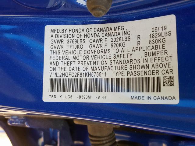 2HGFC2F81KH575511 - 2019 HONDA CIVIC SPORT  照片 10