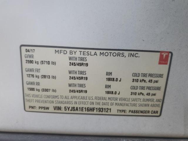 5YJSA1E16HF193121 - 2017 TESLA MODEL S Սպիտակ լուսանկար 12