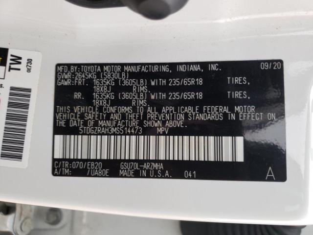 5TDGZRAH3MS514473 - 2021 TOYOTA HIGHLANDER XLE თეთრი ფოტო 12