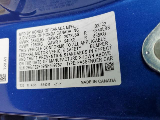 2HGFE2F59NH569752 - 2022 HONDA CIVIC SPORT BLUE photo 12