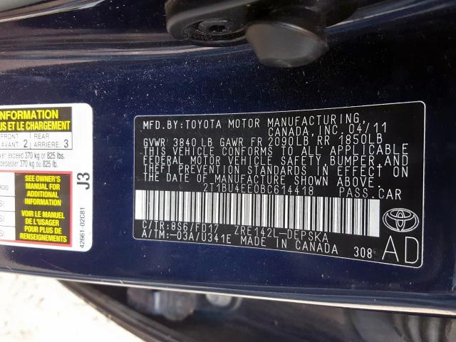 2T1BU4EE0BC614418 - 2011 TOYOTA COROLLA BASE  photo 10