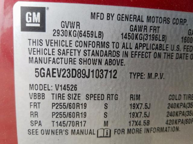 5GAEV23D89J103712 - 2009 BUICK ENCLAVE CXL  photo 10