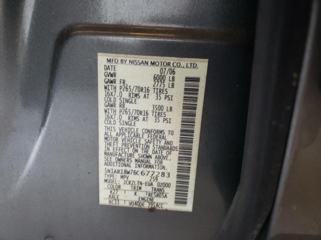 5N1AR18W76C677283 - 2006 NISSAN PATHFINDER LE ნაცრისფერი ფოტო 12