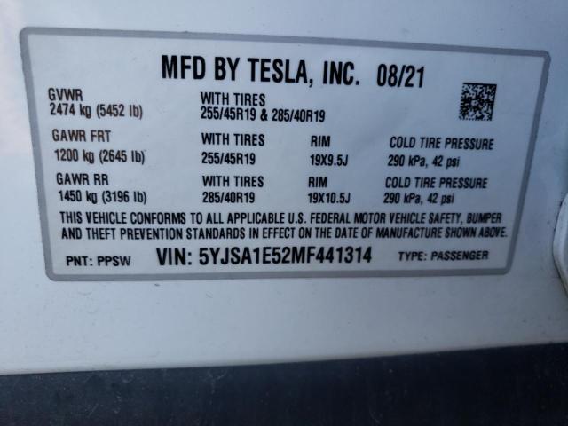 5YJSA1E52MF441314 - 2021 TESLA MODEL S Սպիտակ լուսանկար 12