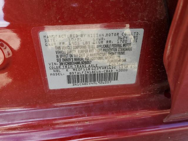 3N1CN8EV4ML926057 - 2022 NISSAN VERSA SV RED photo 12