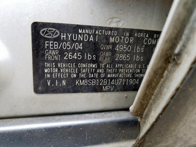 KM8SB12B14U711904 - 2004 HYUNDAI SANTA FE GL  photo 10