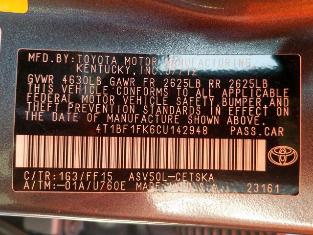 4T1BF1FK6CU142948 - 2012 TOYOTA CAMRY BASE  photo 10