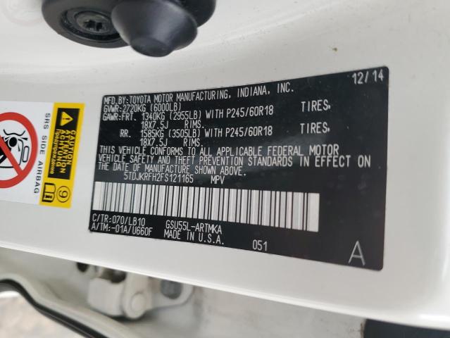 5TDJKRFH2FS121165 - 2015 TOYOTA HIGHLANDER XLE 白色 照片 12