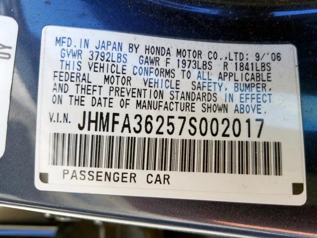 JHMFA36257S002017 - 2007 HONDA CIVIC HYBRID  photo 10