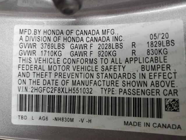 2HGFC2F8XLH551032 - 2020 HONDA CIVIC SPORT 银色 照片 12