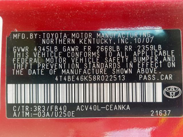 4T4BE46K58R022513 - 2008 TOYOTA CAMRY CE  photo 10