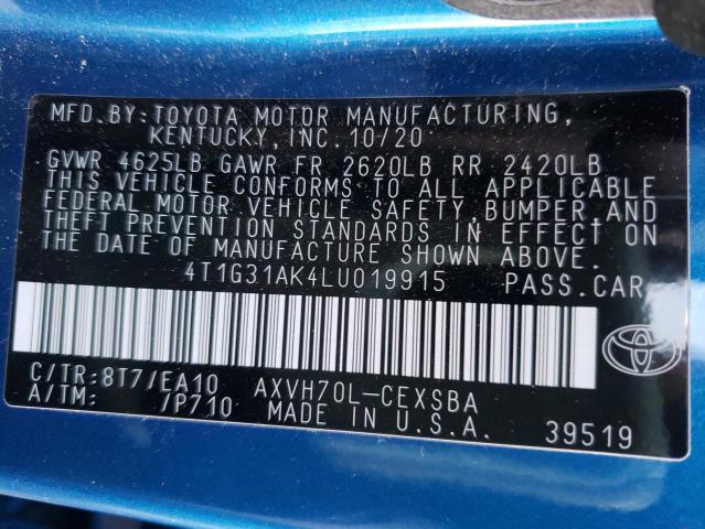 4T1G31AK4LU019915 - 2020 TOYOTA CAMRY SE BLUE photo 13