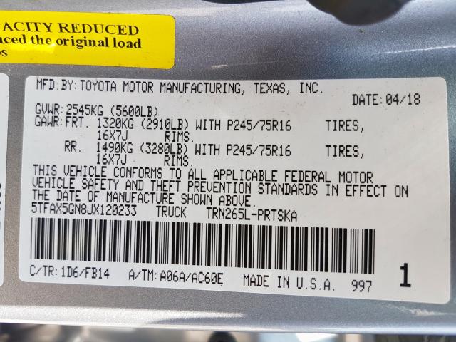 5TFAX5GN8JX120233 - 2018 TOYOTA TACOMA DOUBLE CAB  照片 10