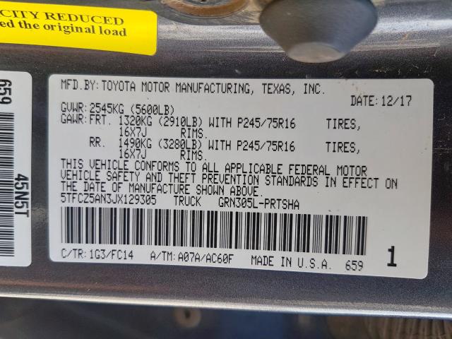 5TFCZ5AN3JX129305 - 2018 TOYOTA TACOMA DOUBLE CAB  照片 10