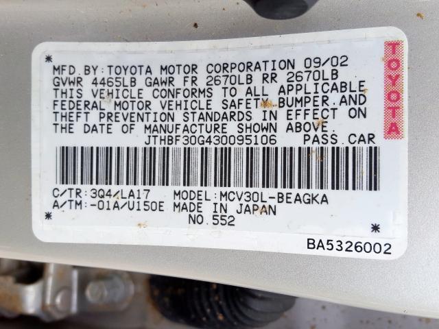 JTHBF30G430095106 - 2003 LEXUS ES 300  photo 10