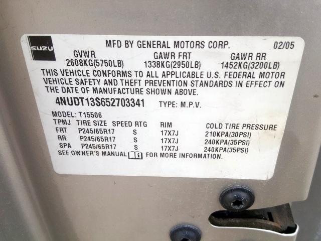 4NUDT13S652703341 - 2005 ISUZU ASCENDER S  照片 10