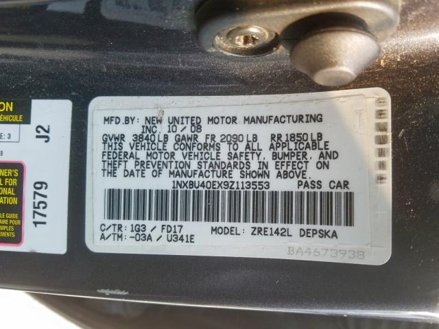 1NXBU40EX9Z113553 - 2009 TOYOTA COROLLA BASE  照片 10