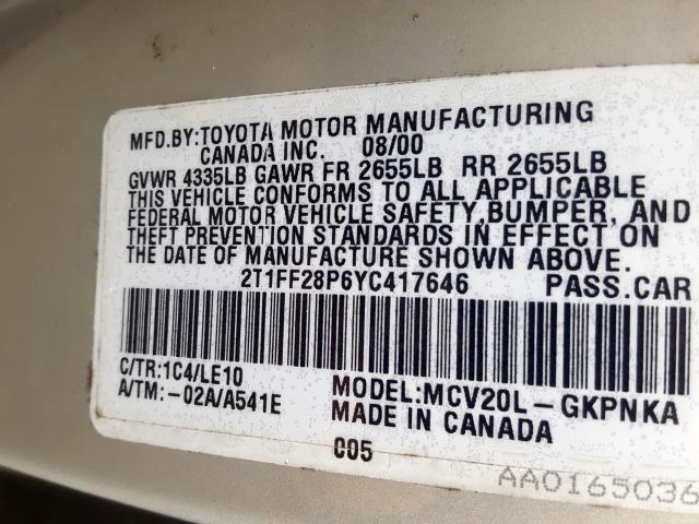 2T1FF28P6YC417646 - 2000 TOYOTA CAMRY SOLARA SE  photo 10