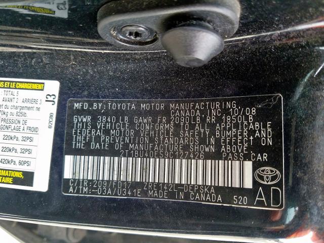 2T1BU40E59C127426 - 2009 TOYOTA COROLLA BASE  照片 10