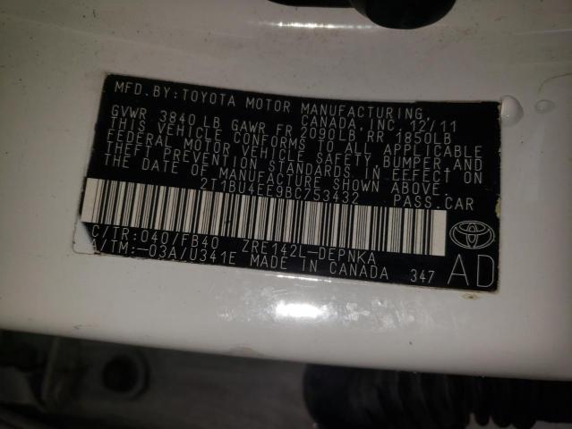 2T1BU4EE9BC753432 - 2011 TOYOTA COROLLA BASE WHITE photo 12