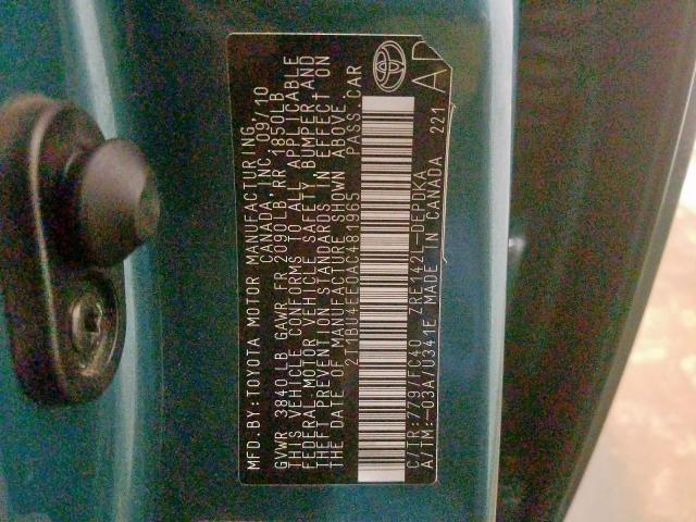 2T1BU4EE0AC481965 - 2010 TOYOTA COROLLA BASE  photo 10