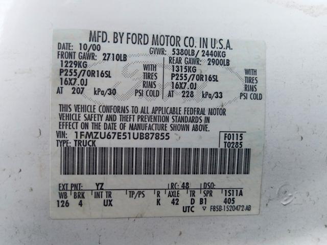 1FMZU67E51UB87855 - 2001 FORD EXPLORER SPORT TRAC  photo 10