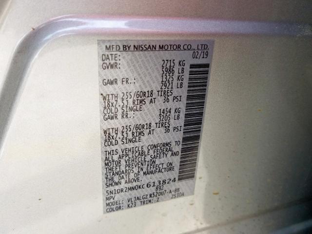 5N1DR2MN0KC613824 - 2019 NISSAN PATHFINDER S  photo 10