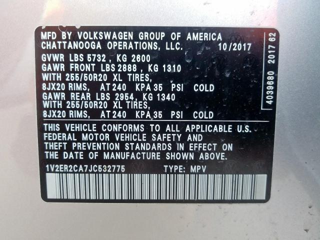 1V2ER2CA7JC532775 - 2018 VOLKSWAGEN ATLAS SEL  foto 10