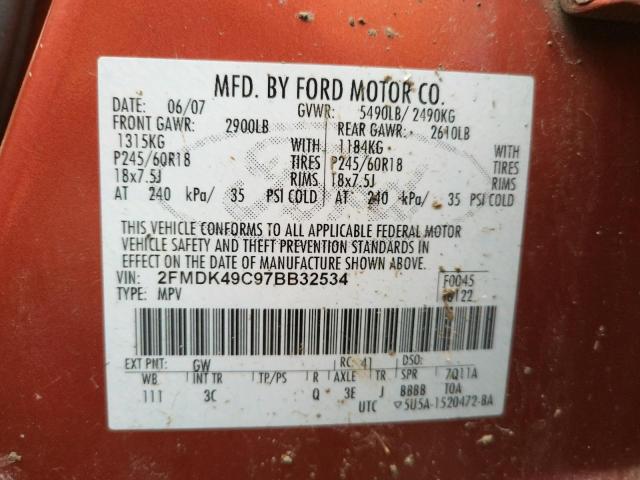 2FMDK49C97BB32534 - 2007 FORD EDGE SEL PLUS ORANGE photo 13