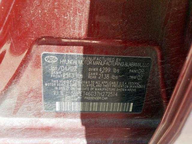 5NPET46C37H272514 - 2007 HYUNDAI SONATA GLS  photo 10