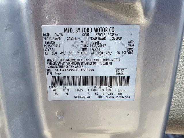 1FTRX12W08FC20368 - 2008 FORD F150  photo 10