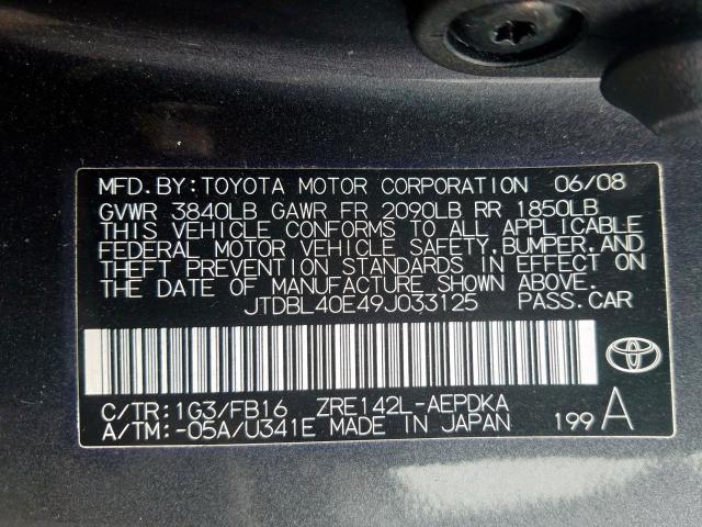 JTDBL40E49J033125 - 2009 TOYOTA COROLLA BASE  photo 10