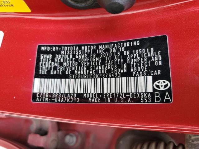 5YFBURHE8KP876423 - 2019 TOYOTA COROLLA L RED photo 13