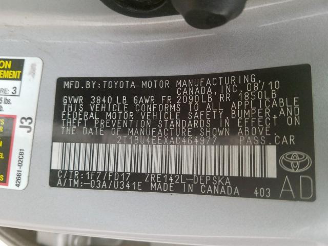 2T1BU4EEXAC464977 - 2010 TOYOTA COROLLA BASE  photo 10